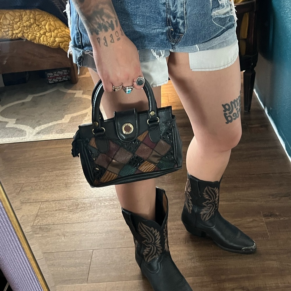 Vtg Mini Leather Patchwork Handbag - image 6